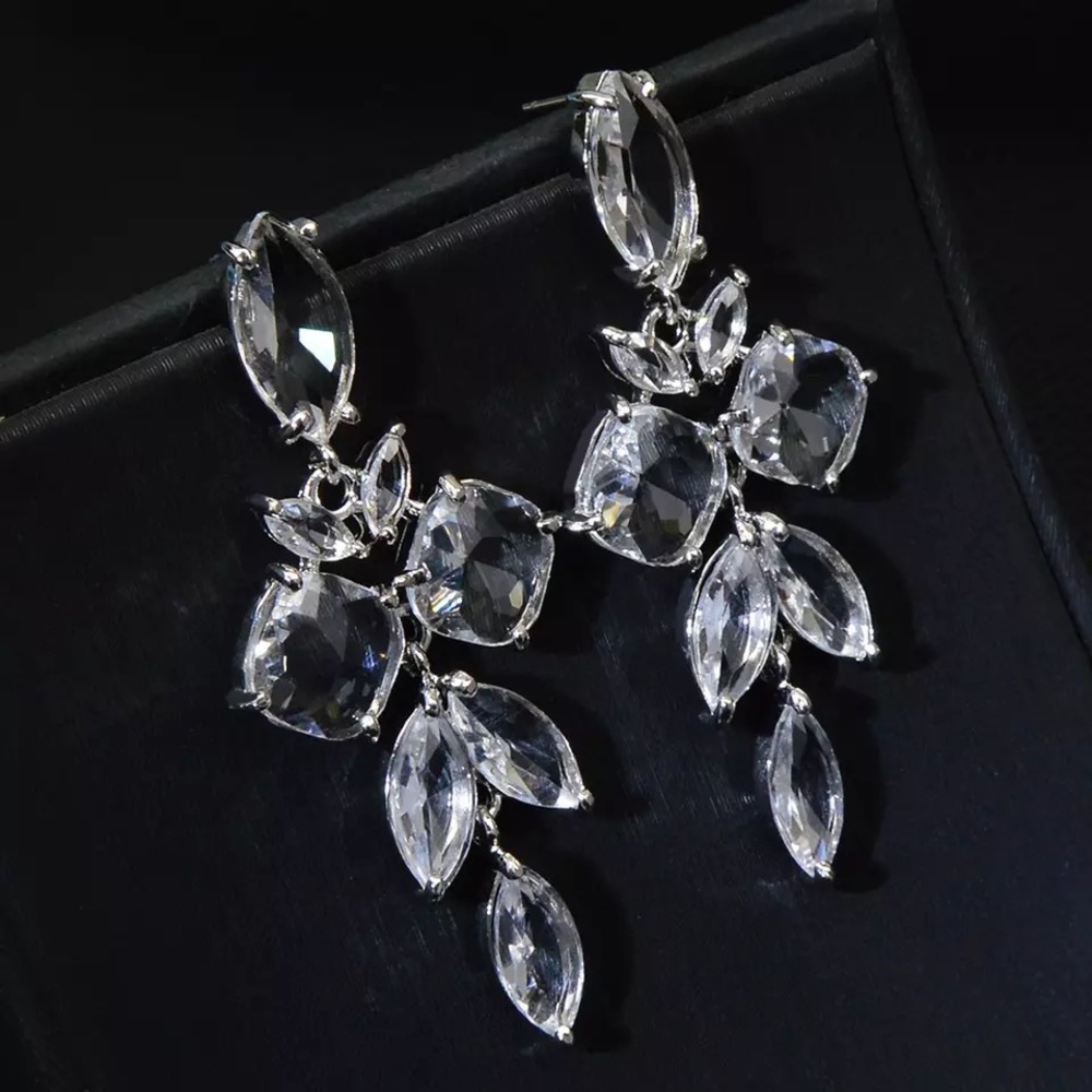 Anthro Crystal Clusters Large Long Leaf Shaped Dangle Drop Earrings Clear - Picture 8 of 12